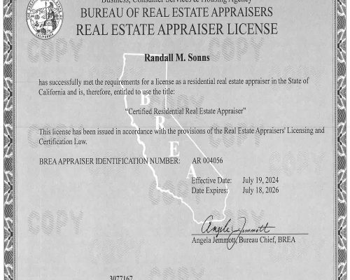 Bureau Of Real Estate Appraisers Real Estate Appraiser License Randy M. Sonns 2024-2025;