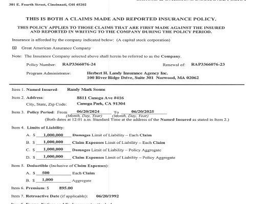 Great American Insurance Group Declarations For Real Estate Appraisers 2024-2025